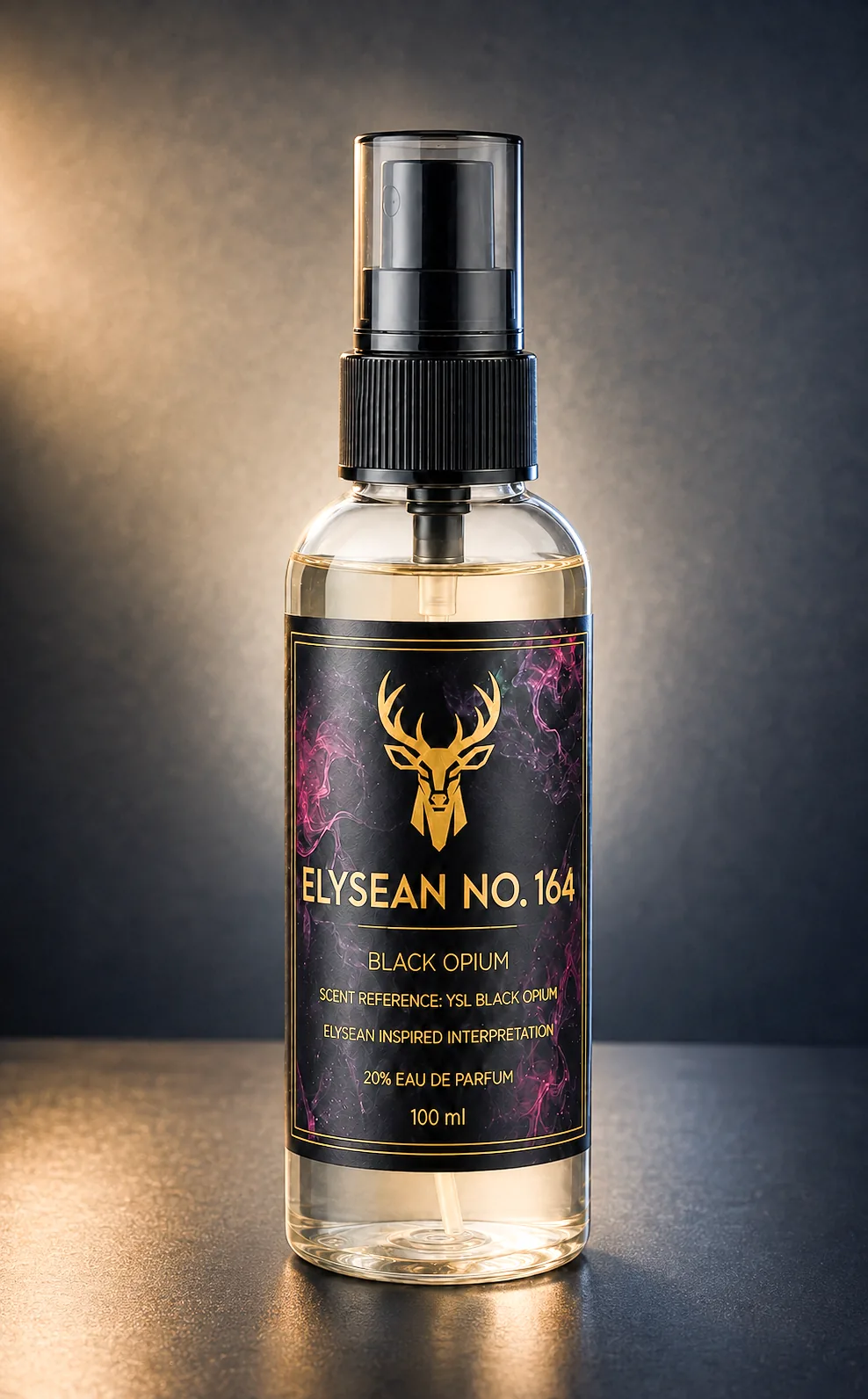 Full view of the current Elysean clear 100ml bottle and wrap label presentation