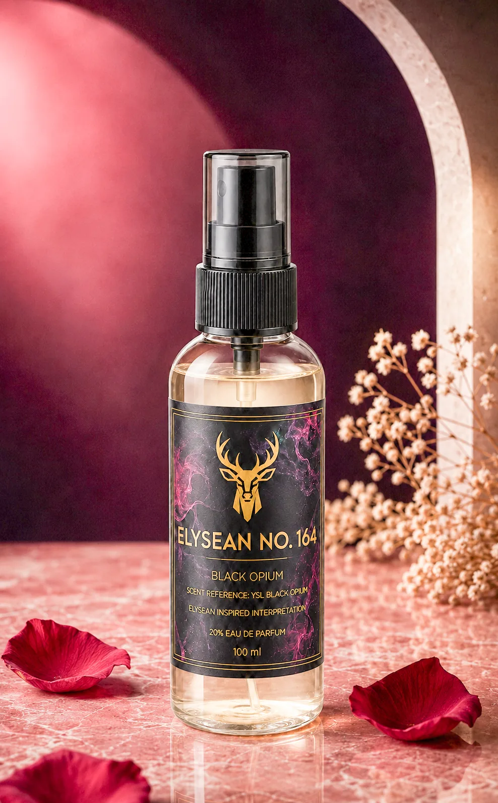 Elysean's full-size fragrance bottle photographed in a rose-toned studio